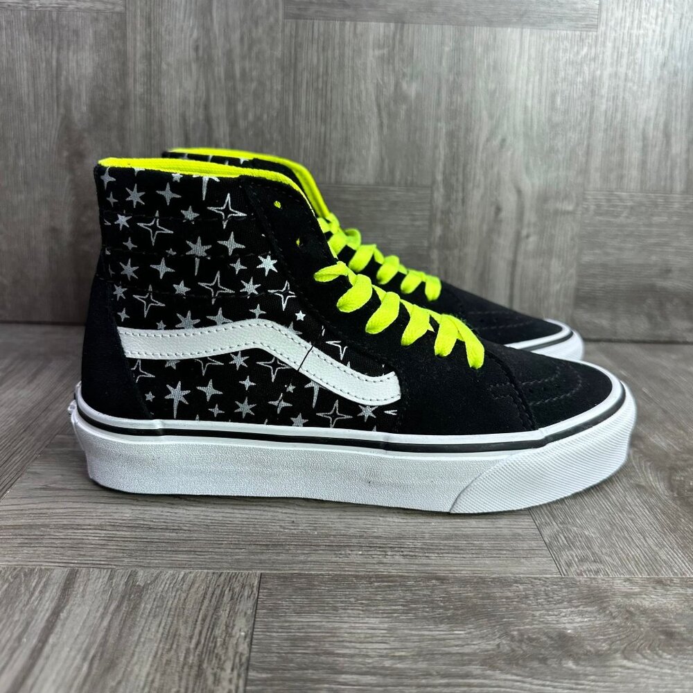 Vans Sk8-Hi Sneakers Women 5 Black Silver Star Print Neon Yellow‎ NEW